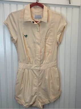 Urban Outfitters Quinn Cream Knock Out Corduroy Romper w/Green Heart Patch Small